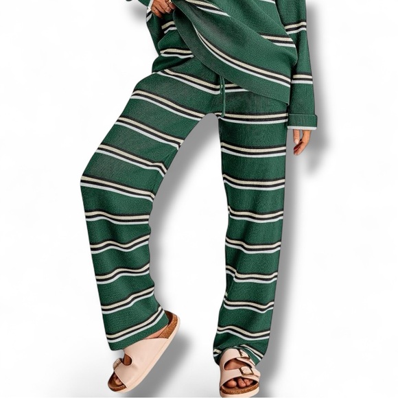 Pants - Striped Green Women's Comfort Lounge Wide Leg Pants